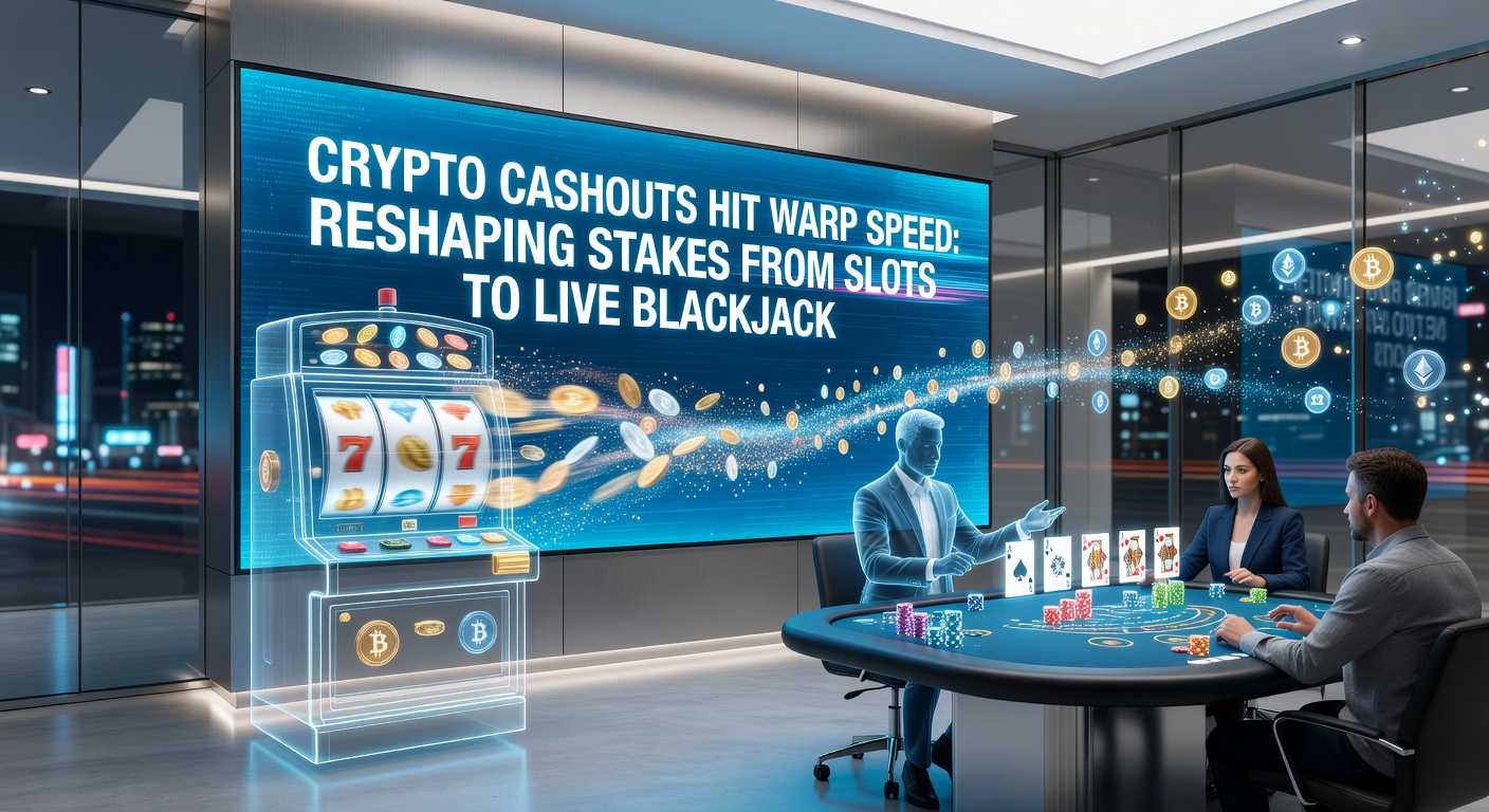 Live blackjack table on a mobile screen with crypto wallet popup showing a successful instant cashout, surrounded by slot reels in motion