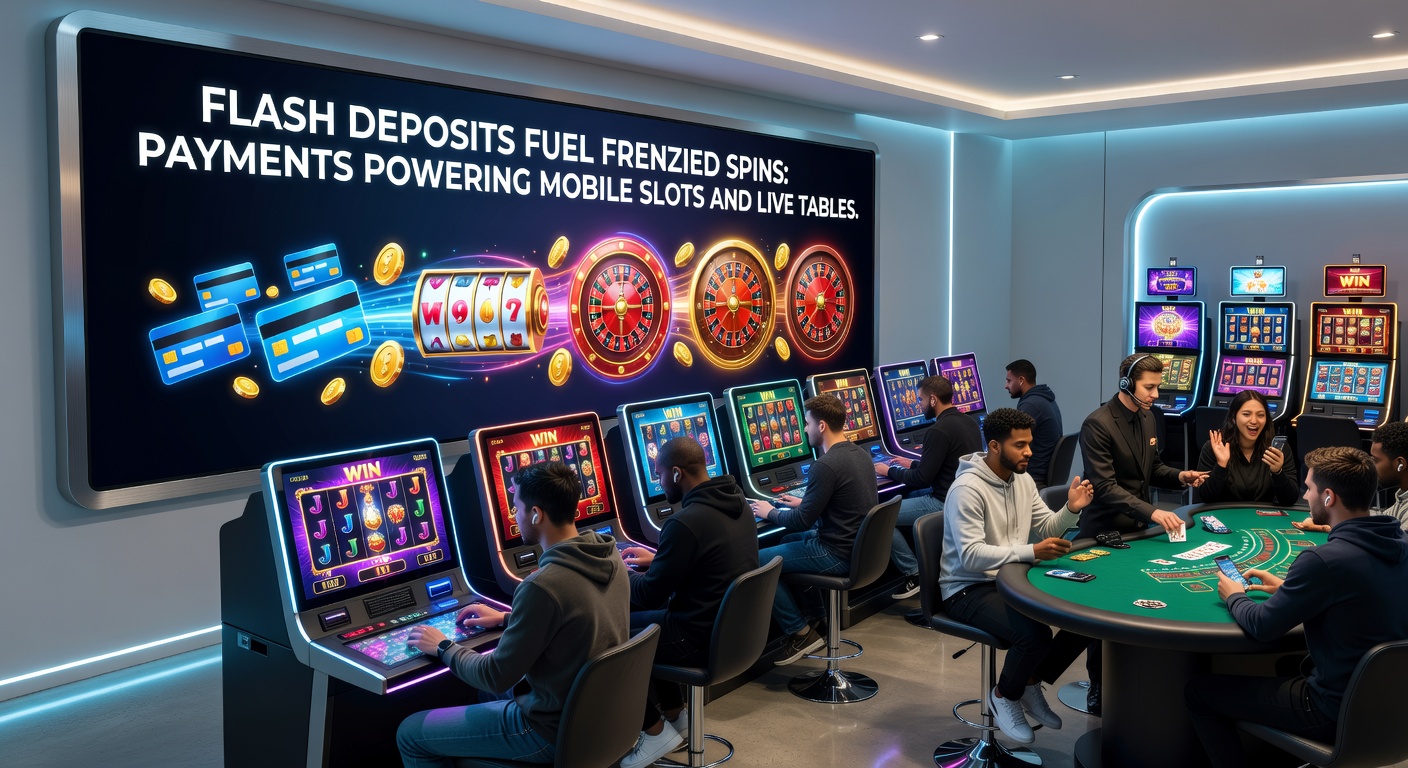 Dynamic image of a live blackjack table on a tablet with flash deposit button highlighted and chips stacking up instantly