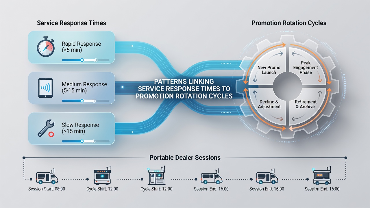 Analytics dashboard displaying promotion cycle timelines correlated with support response data from reel and dealer mobile sessions