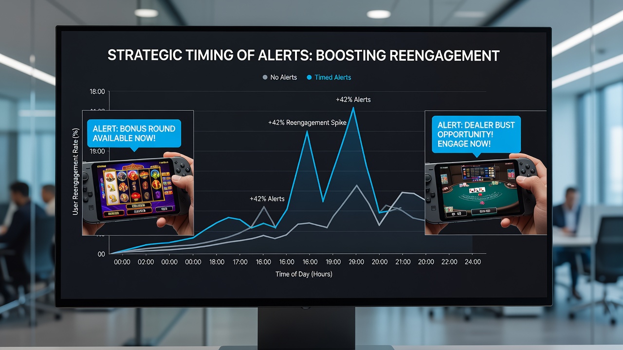 Analytics dashboard tracking reengagement rates from timed alerts in mobile casino games